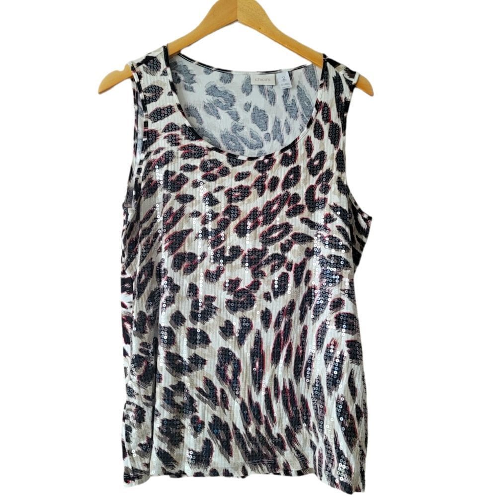 Chico's Leopard Print Sleeveless Top with Sequins - Size 2 / Large